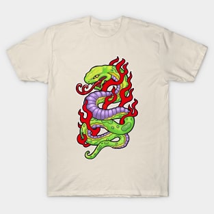 Green and purple snake, with red flames tattoo style T-Shirt